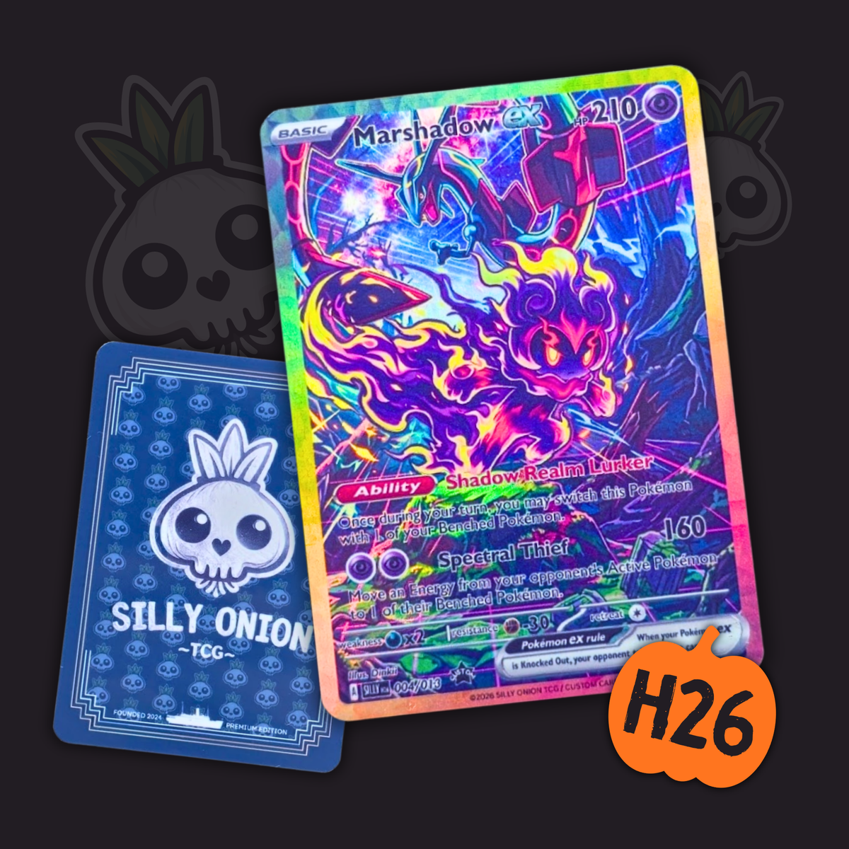 Halloween H26 Marshadow EX custom card with Rayquaza in the artwork backdrop