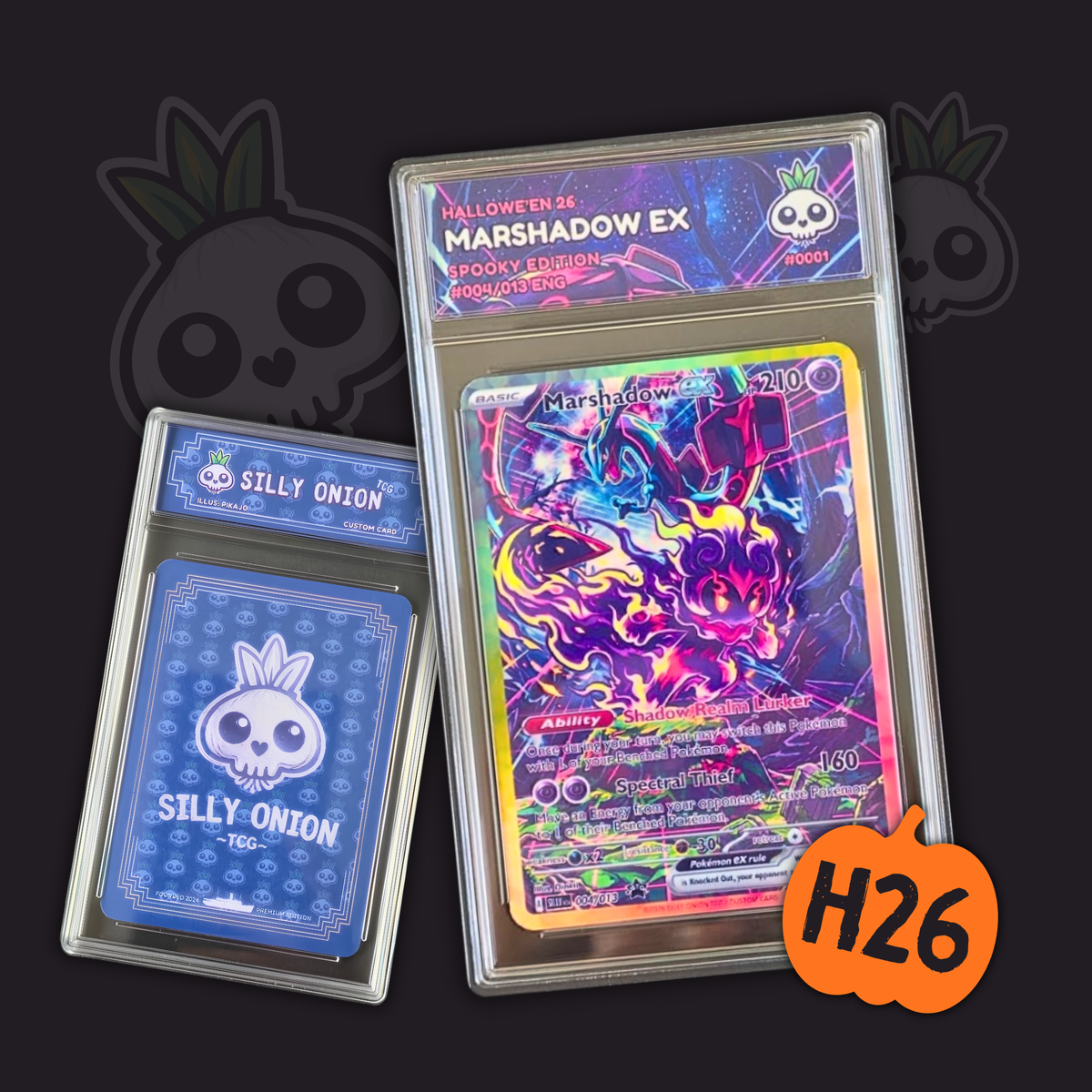 Halloween H26 Marshadow EX custom card in display slab with Rayquaza in the artwork backdrop