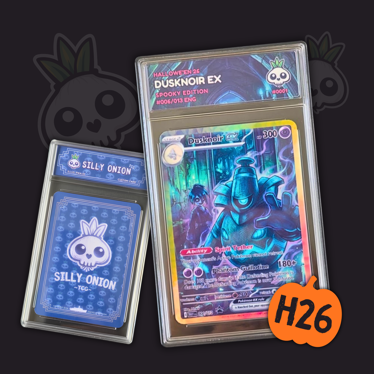 Halloween H26 Dusknoir EX custom card in a display slab with Allister in the background