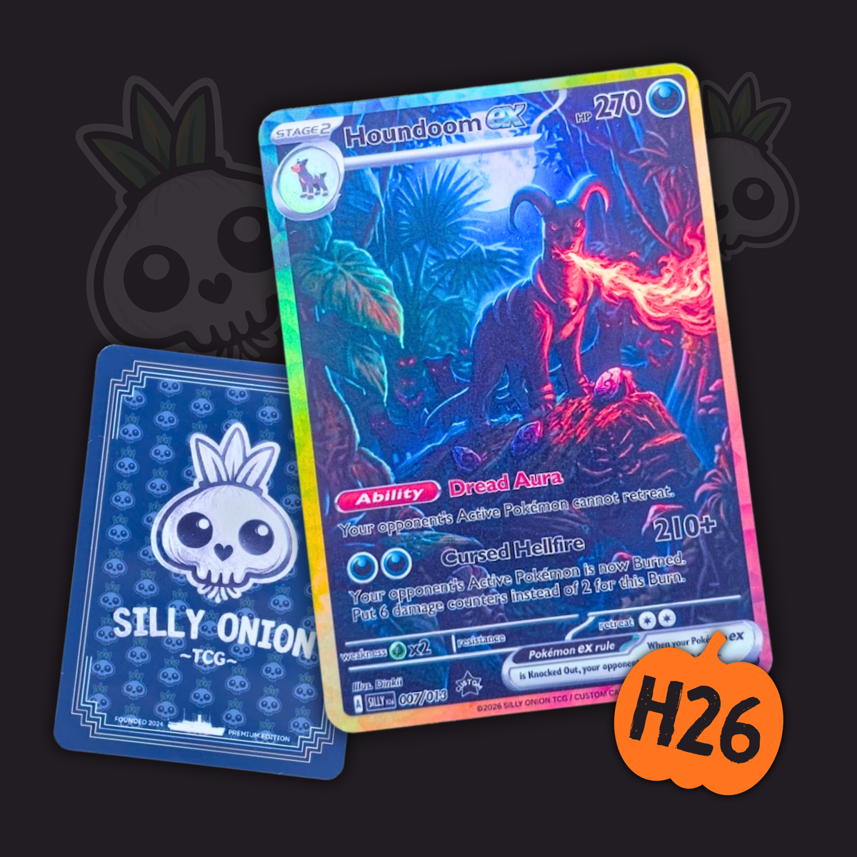 Halloween H26 Houndoom EX custom card breathing fire in a jungle with its pack