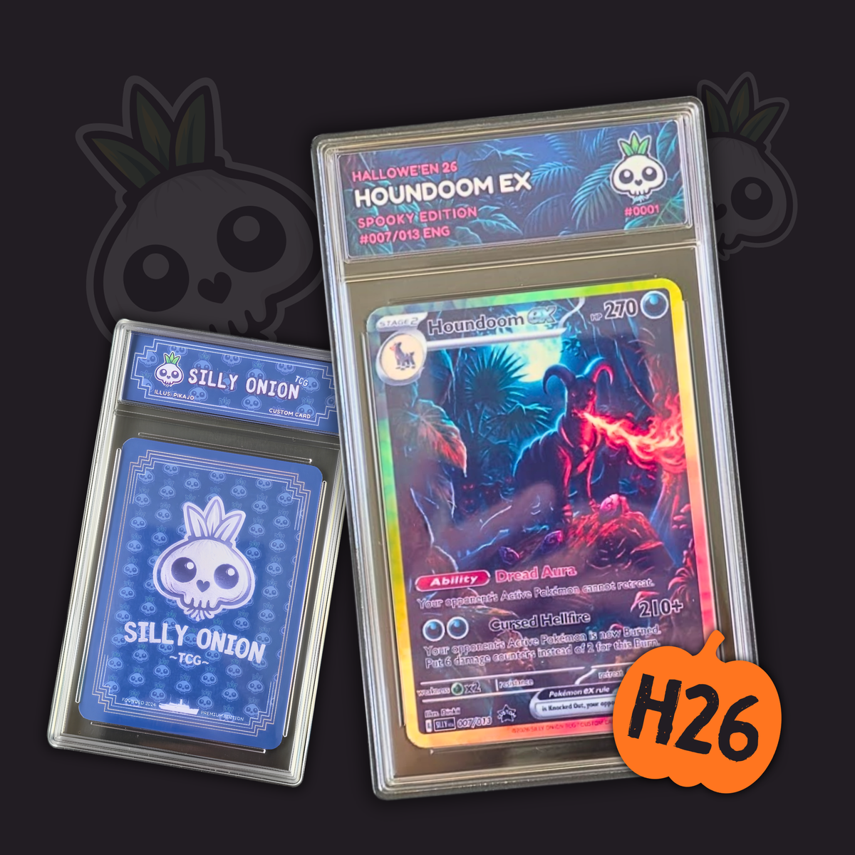 Halloween H26 Houndoom EX custom card in display slab, breathing fire in a jungle