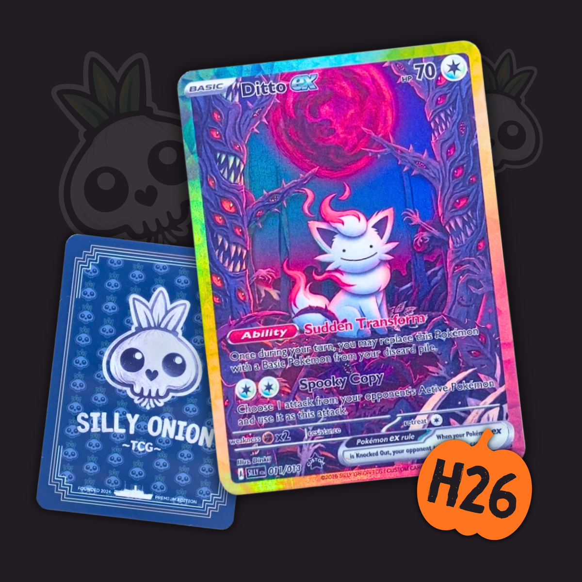 Ditto disguised as a Zorua surrounded by haunting eyes in a dark forest, custom Halloween H26 art card