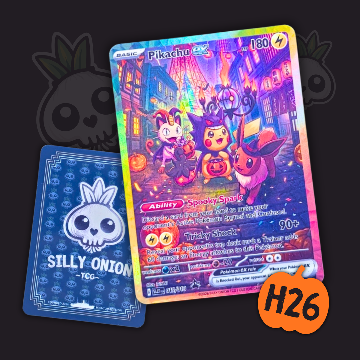 Pikachu leading a Halloween parade with Meowth and Eevee down a lantern-lit street, custom Halloween H26 art card