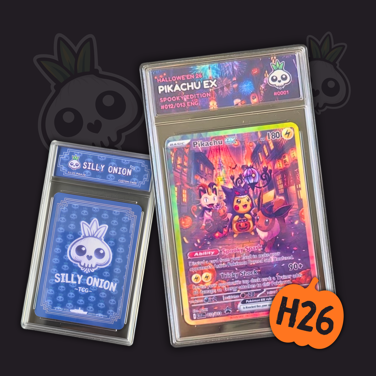 Pikachu leading a Halloween parade with Meowth and Eevee down a lantern-lit street, custom Halloween H26 art card slab