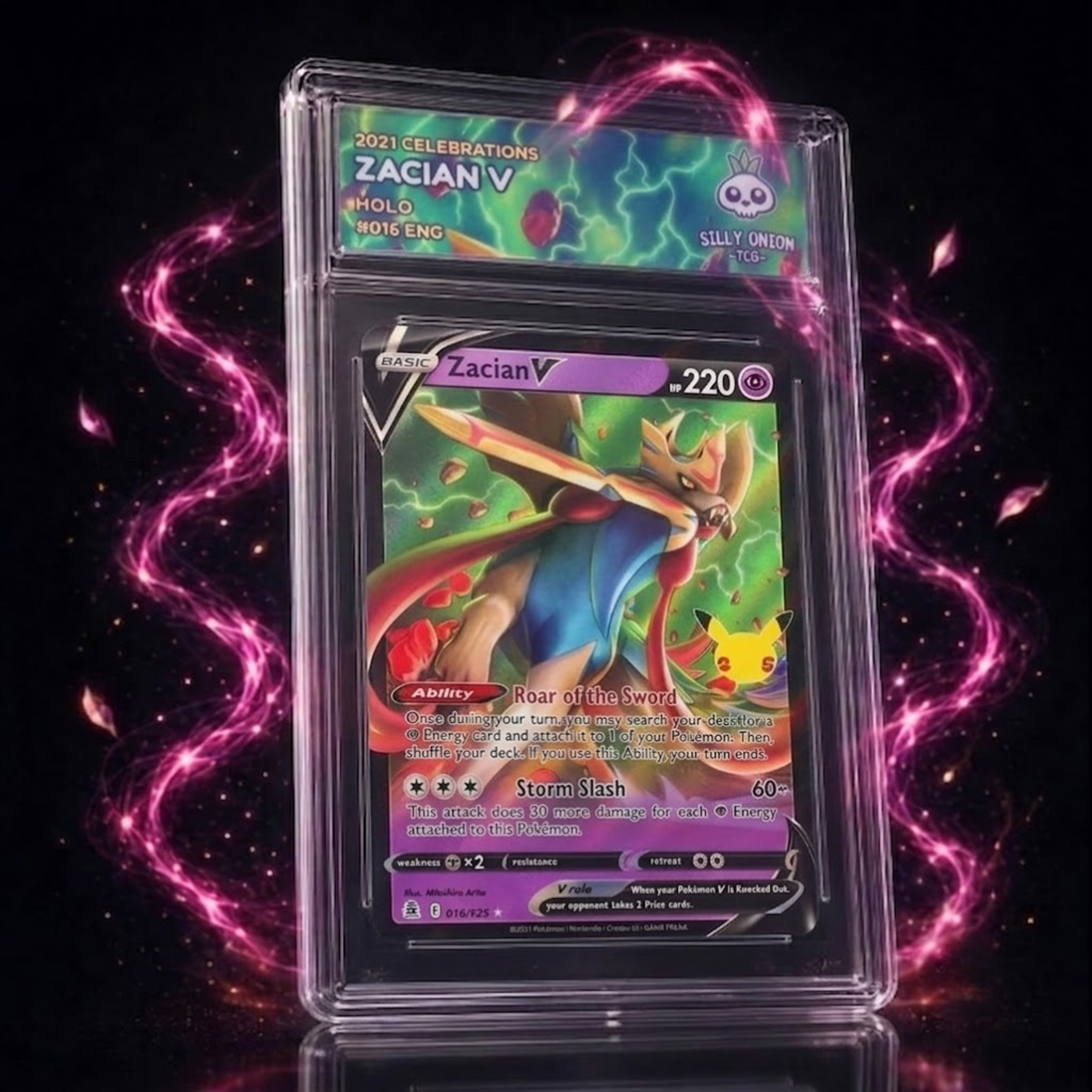 Art Matched Slab: Zacian V Holo #016 ENG – front showing the authentic English card in premium display slab