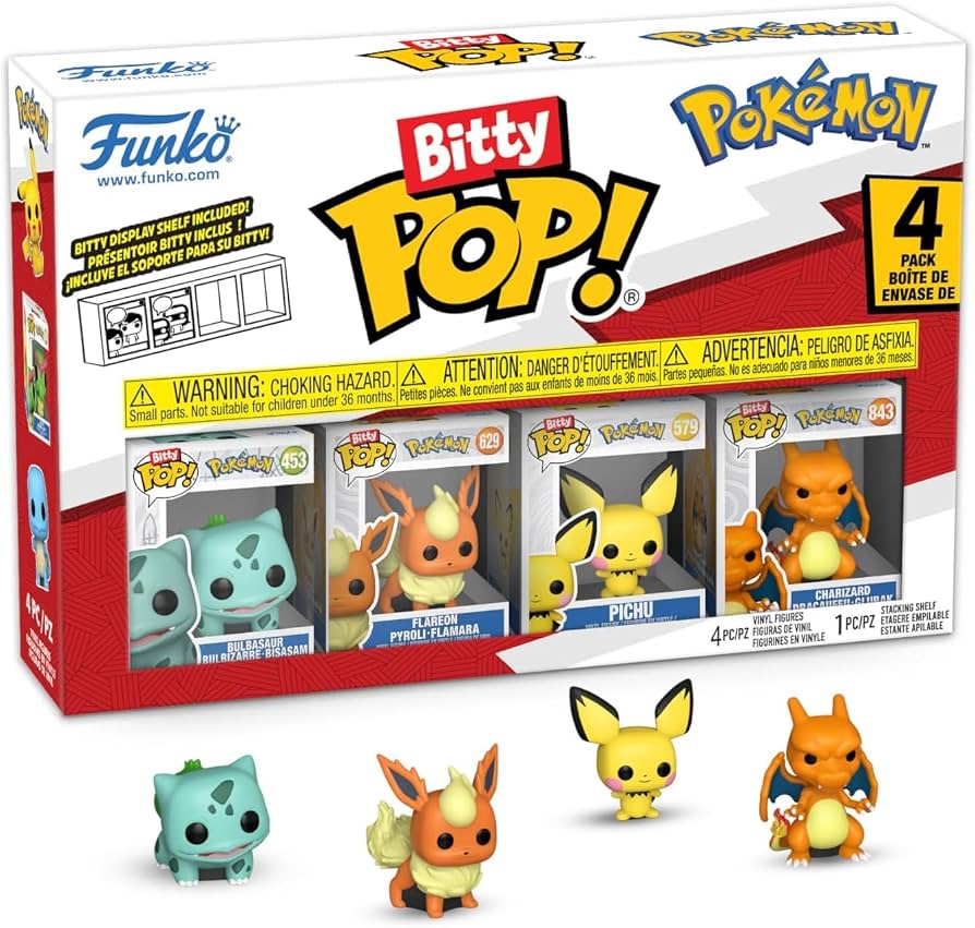 Funko Bitty Pop Pokémon four-pack featuring Bulbasaur, Flareon, Pichu and Charizard with display shelf