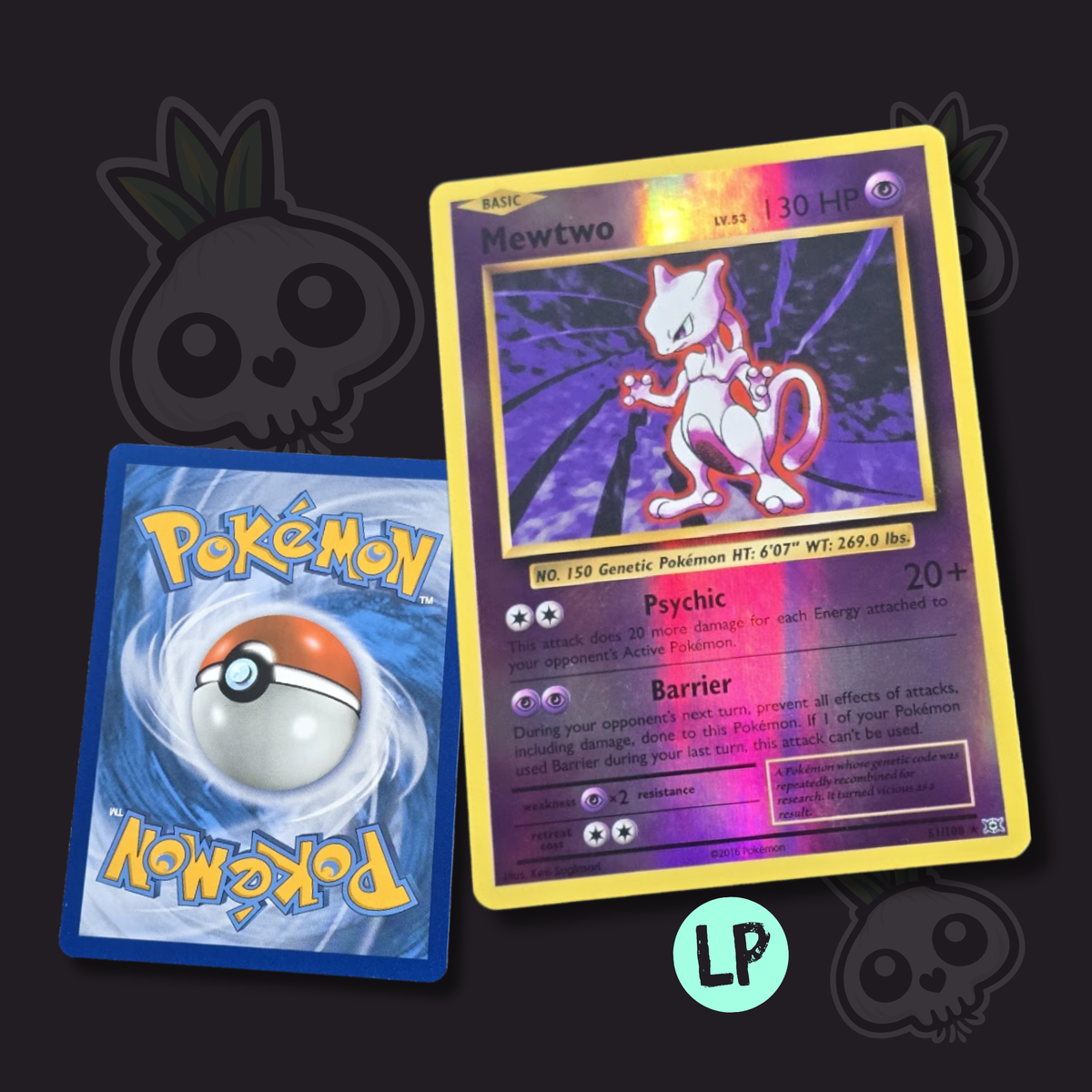 Mewtwo Evolutions Reverse Holo English Pokémon card marked LP for Light Play