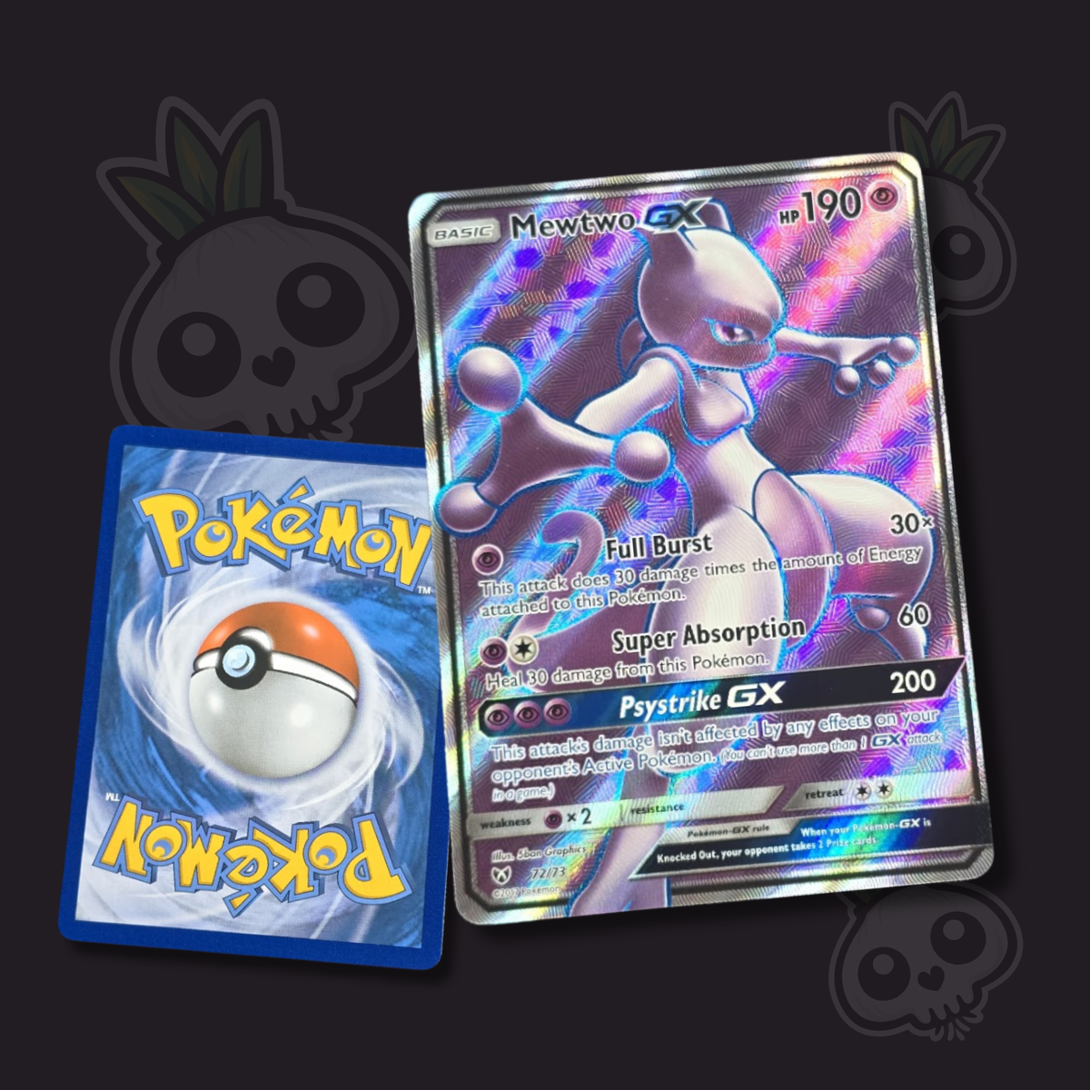 English Mewtwo-GX Pokémon card with shimmering purple artwork on a Silly Onion background