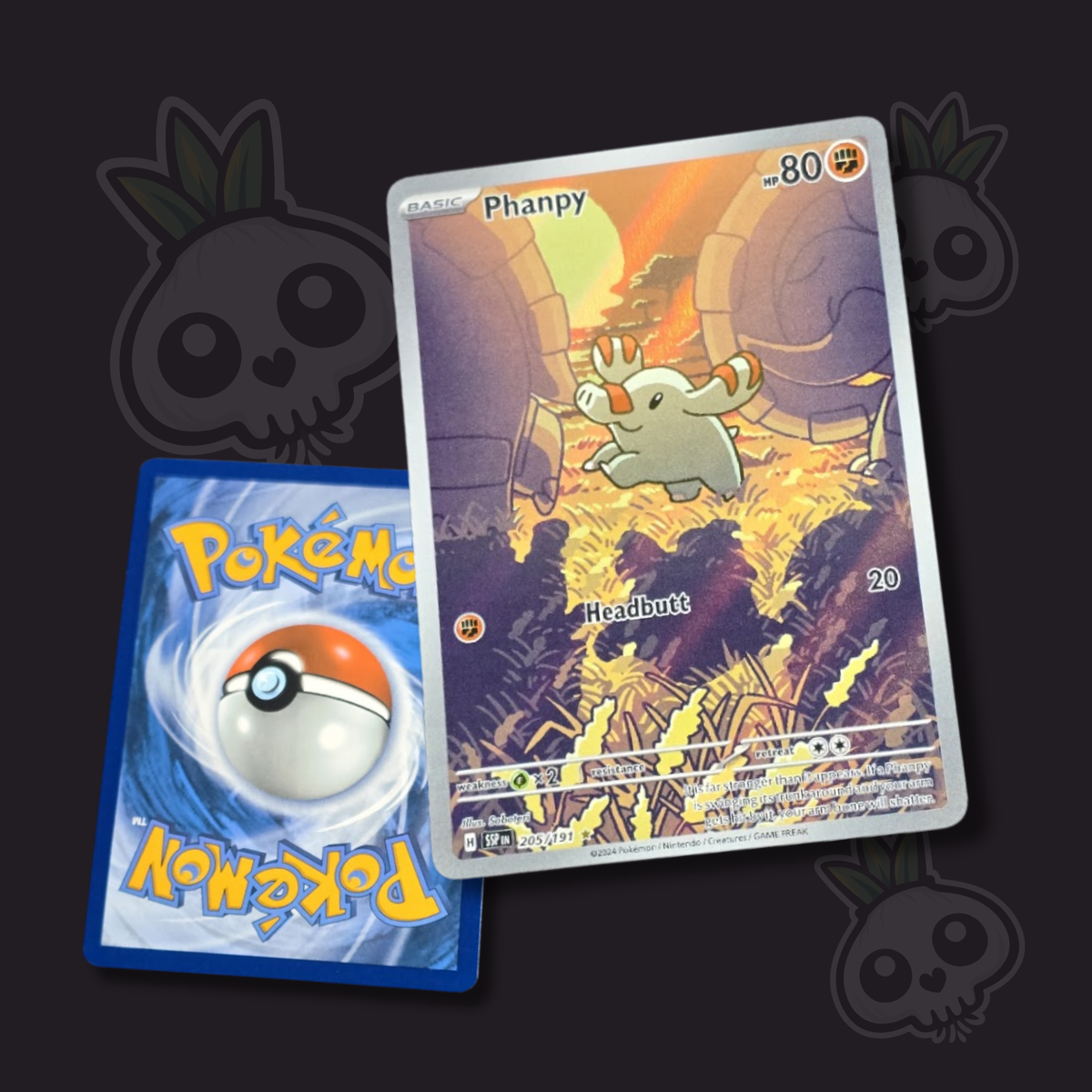 English Phanpy 205/086 Black Bolt Pokémon card photographed on a Silly Onion background