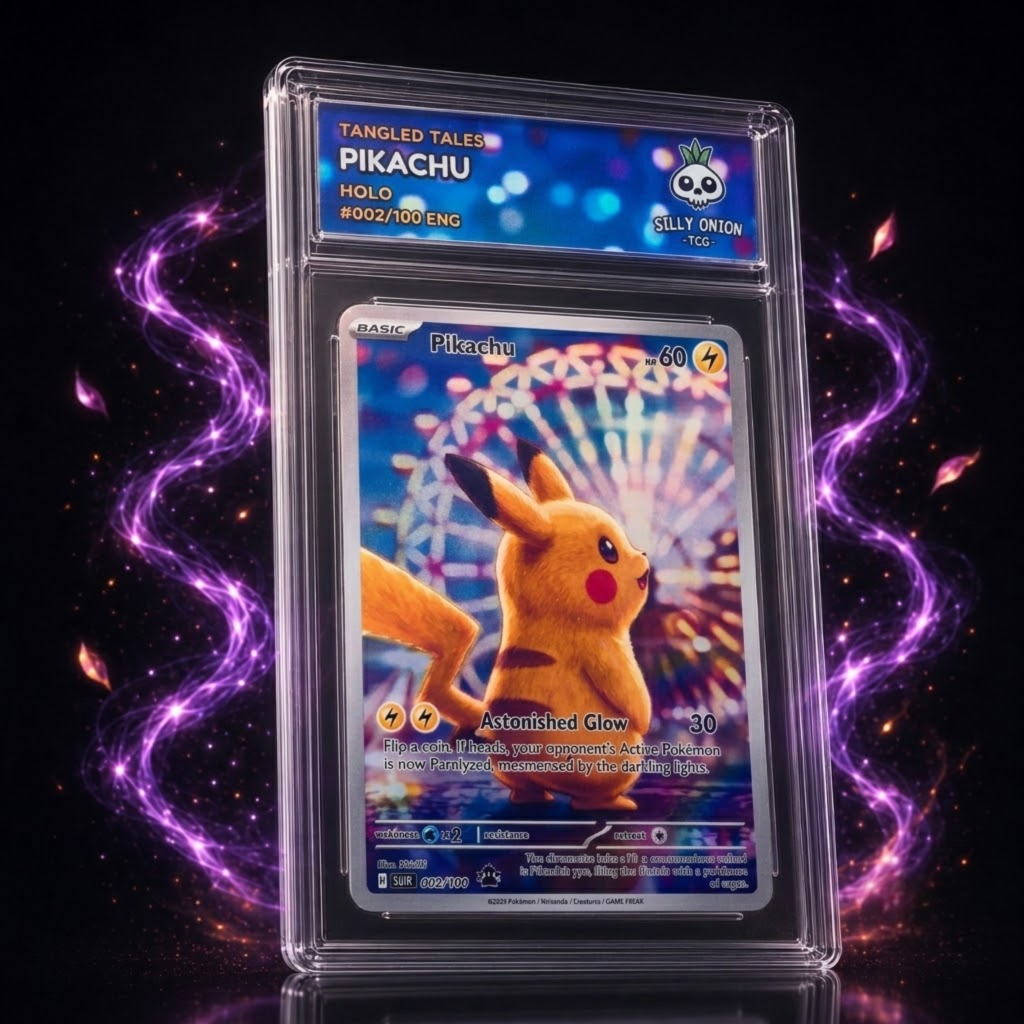 Tangled Tales: Pikachu Holo Custom Slab — limited edition #002/100 ENG by Silly Onion TCG