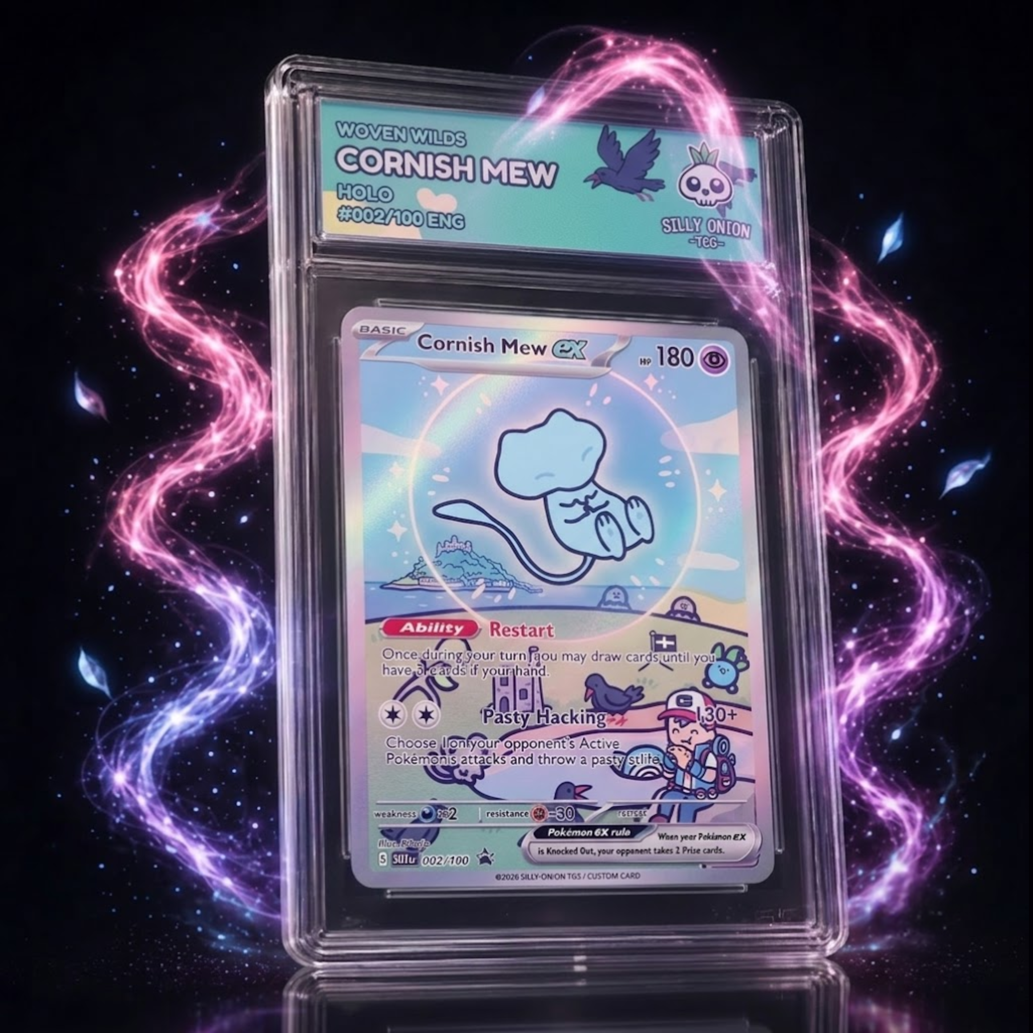 Woven Wilds: Cornish Mew Holo Custom Slab — limited edition #002/100 ENG by Silly Onion TCG