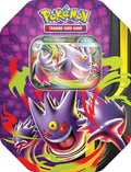 Pokémon TCG Mega Gengar ex tin with purple character artwork and card visible through the front window
