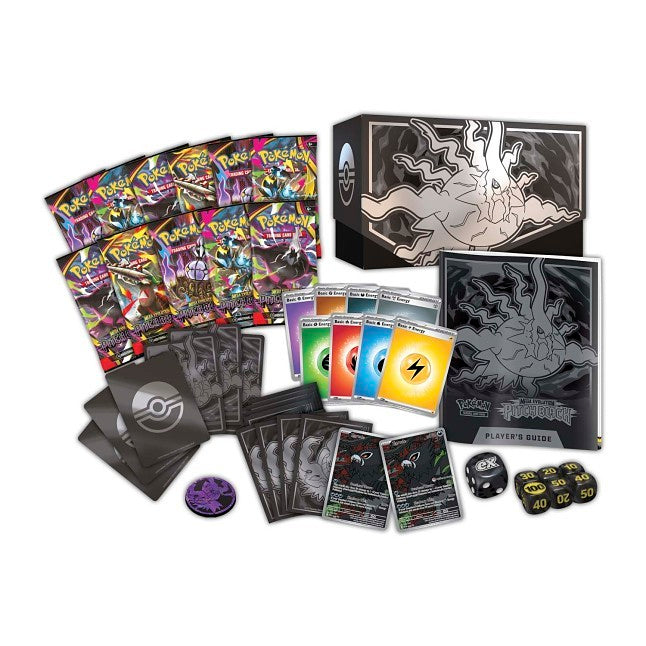 Pitch Black Elite Trainer Box contents showing booster packs and Pokémon TCG accessories